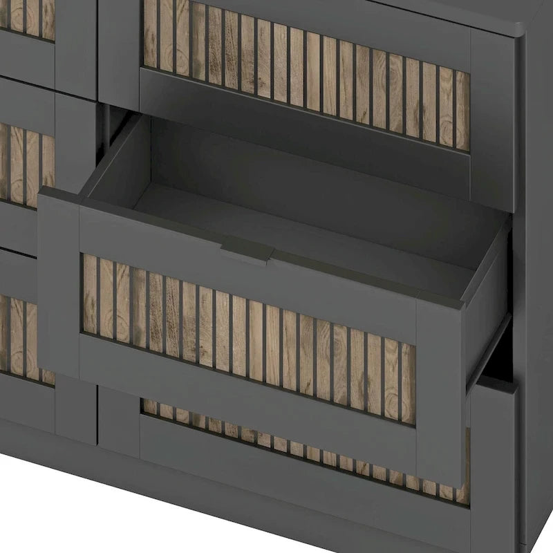 Ensemble de chambre à coucher 4 pièces : lit plateforme de style campagnard, table de chevet et commode avec poignées en métal