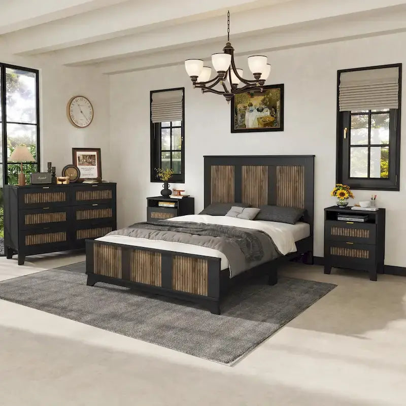 Ensemble de chambre à coucher 4 pièces : lit plateforme de style campagnard, table de chevet et commode avec poignées en métal