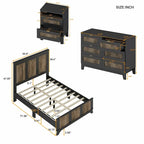 Ensemble de chambre à coucher 4 pièces : lit plateforme de style campagnard, table de chevet et commode avec poignées en métal