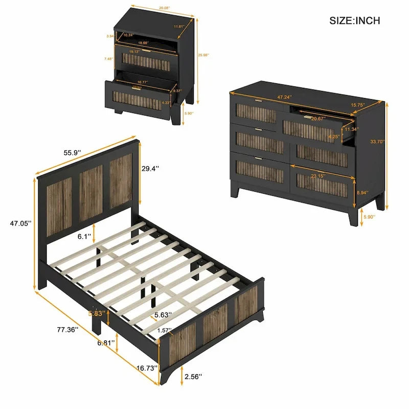 Ensemble de chambre à coucher 4 pièces : lit plateforme de style campagnard, table de chevet et commode avec poignées en métal