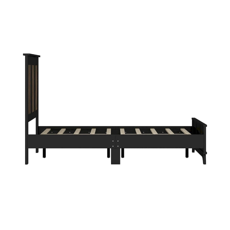 Ensemble de chambre à coucher 4 pièces : lit plateforme de style campagnard, table de chevet et commode avec poignées en métal