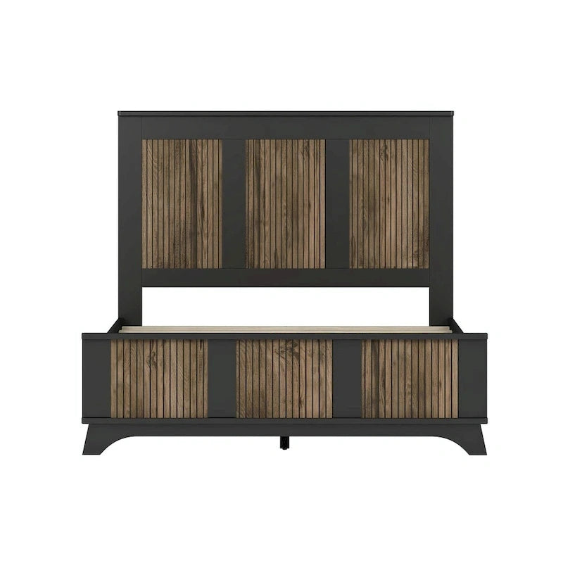 Ensemble de chambre à coucher 4 pièces : lit plateforme de style campagnard, table de chevet et commode avec poignées en métal