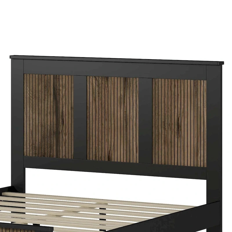 Ensemble de chambre à coucher 4 pièces : lit plateforme de style campagnard, table de chevet et commode avec poignées en métal