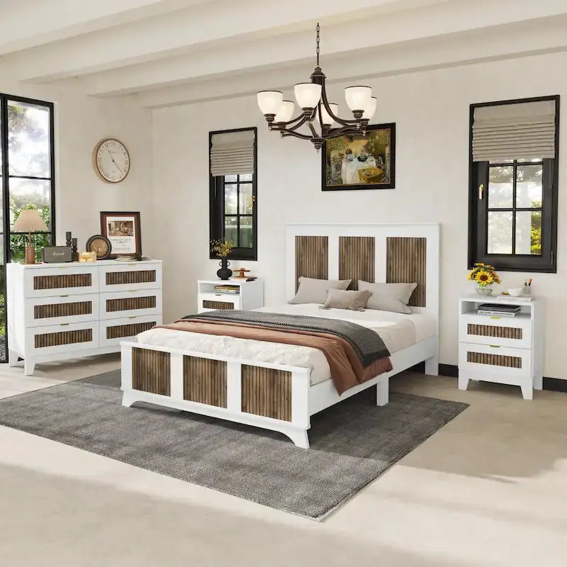 Ensemble de chambre à coucher 4 pièces : lit plateforme de style campagnard, table de chevet et commode avec poignées en métal