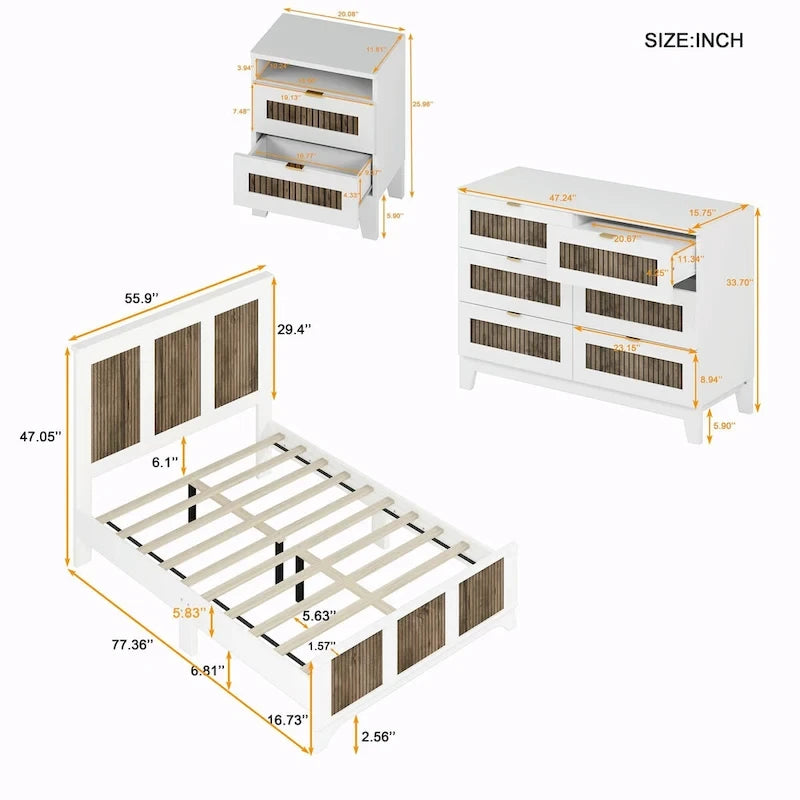 Ensemble de chambre à coucher 4 pièces : lit plateforme de style campagnard, table de chevet et commode avec poignées en métal