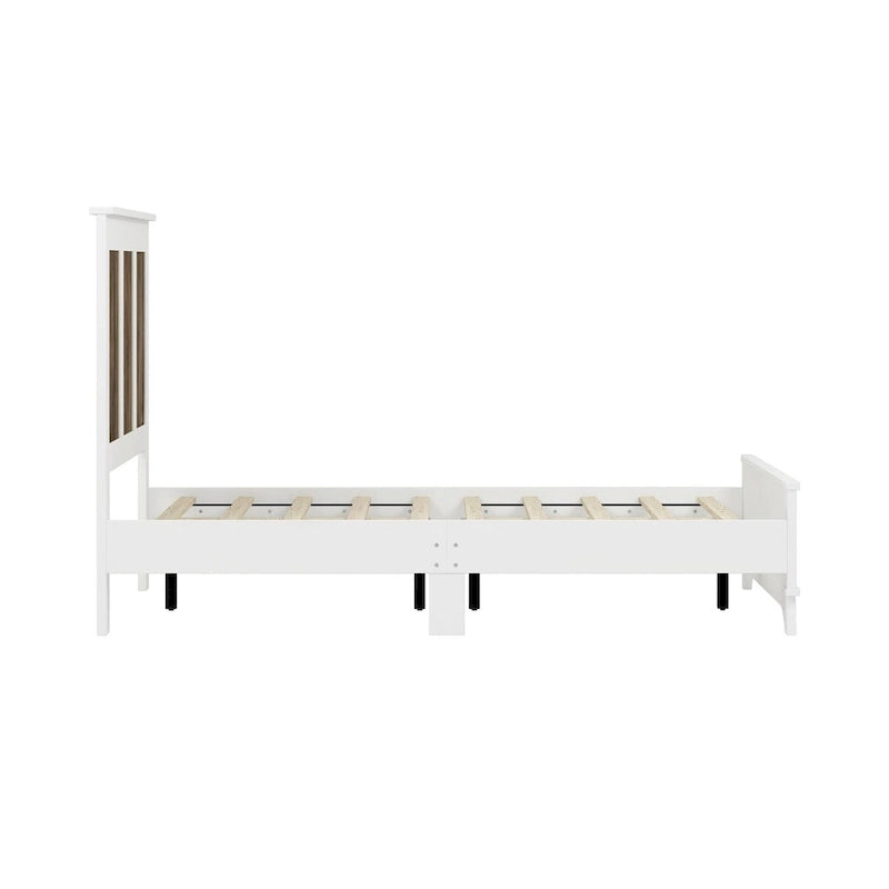 Ensemble de chambre à coucher 4 pièces : lit plateforme de style campagnard, table de chevet et commode avec poignées en métal