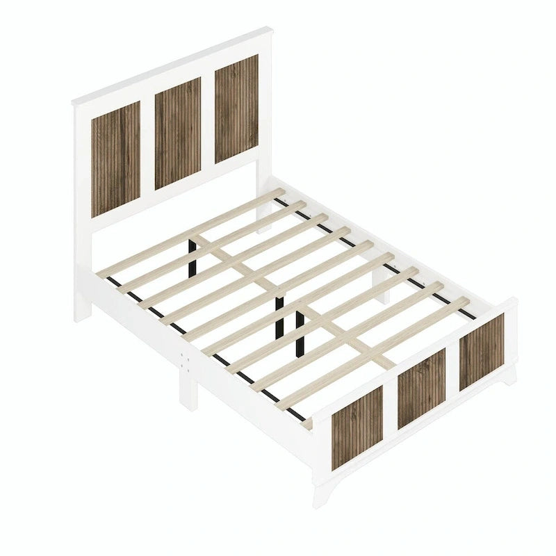 Ensemble de chambre à coucher 4 pièces : lit plateforme de style campagnard, table de chevet et commode avec poignées en métal