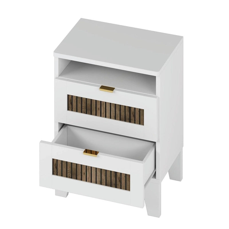 Ensemble de chambre à coucher 4 pièces : lit plateforme de style campagnard, table de chevet et commode avec poignées en métal