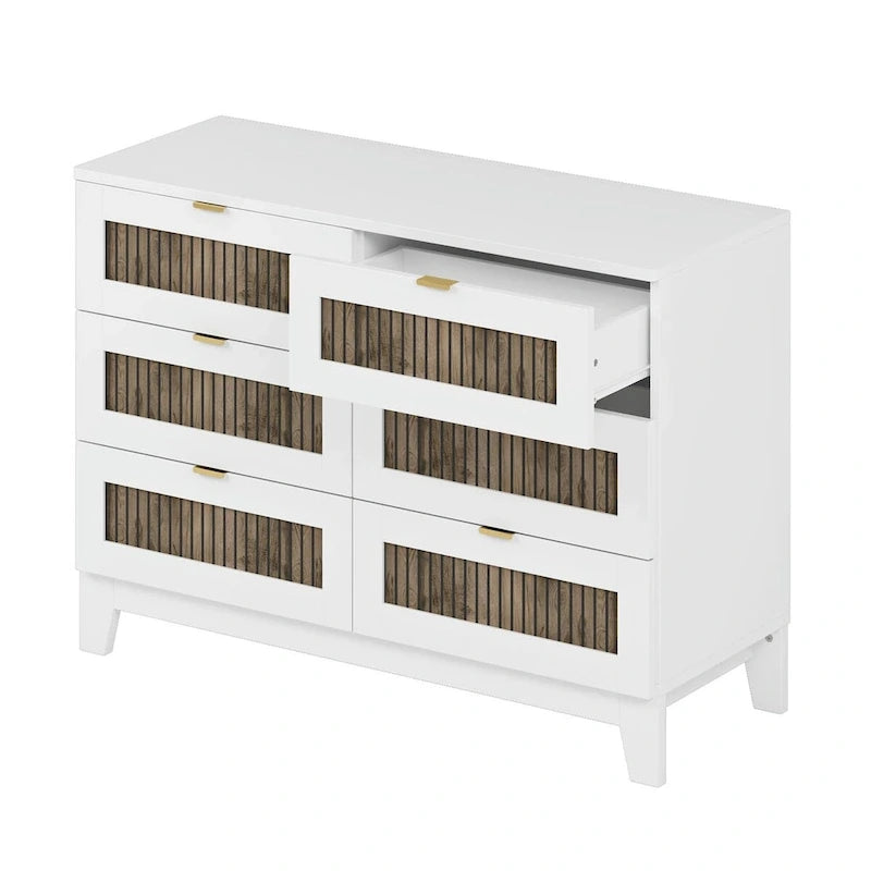 Ensemble de chambre à coucher 4 pièces : lit plateforme de style campagnard, table de chevet et commode avec poignées en métal