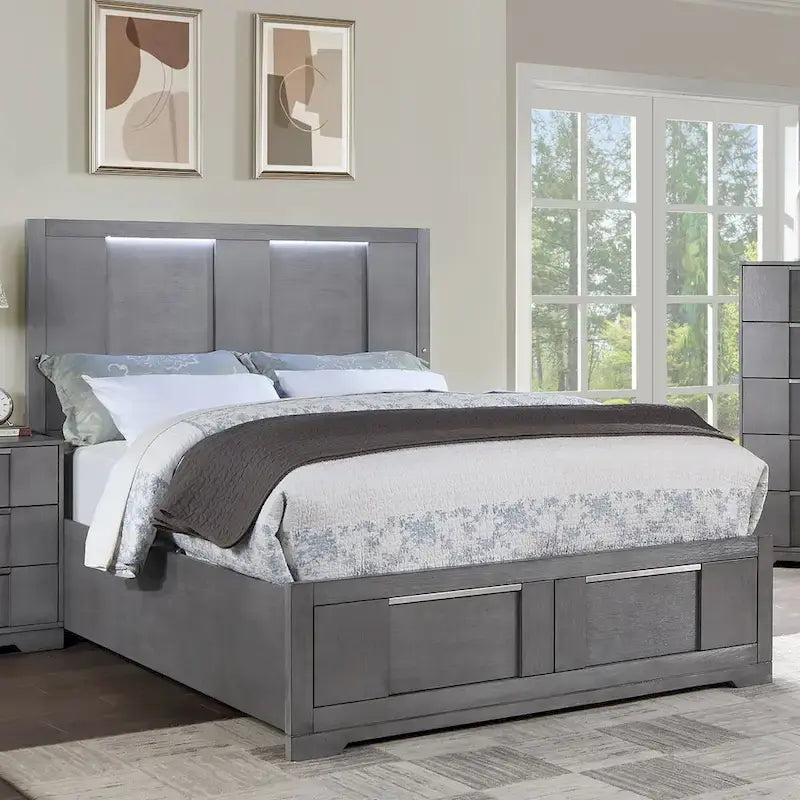 Ensemble de chambre à coucher contemporain 3 pièces Tona de Furniture of America, avec plateforme de rangement en bois gris et éclairage LED