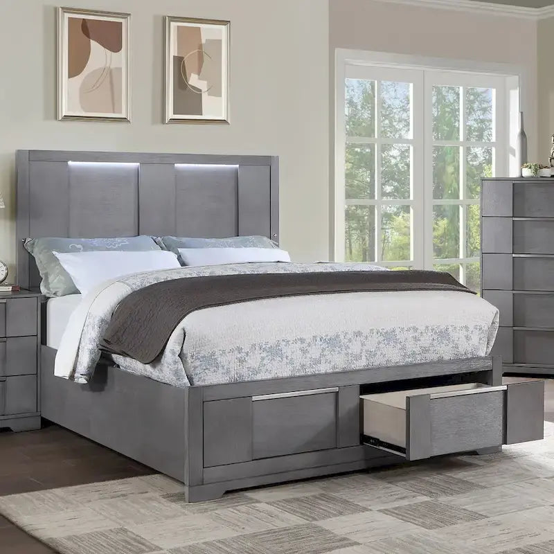 Ensemble de chambre à coucher contemporain 6 pièces Tona de Furniture of America, avec plateforme de rangement en bois gris et éclairage LED