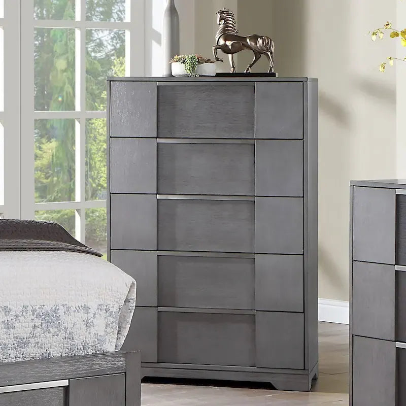 Ensemble de chambre à coucher contemporain 6 pièces Tona de Furniture of America, avec plateforme de rangement en bois gris et éclairage LED