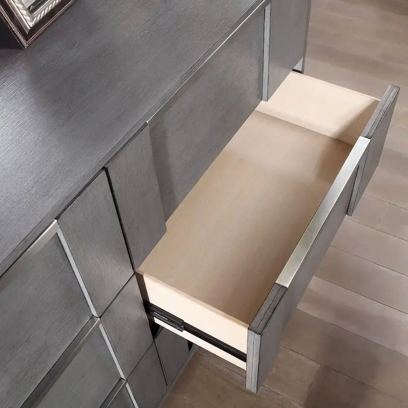Ensemble de chambre à coucher contemporain 6 pièces Tona de Furniture of America, avec plateforme de rangement en bois gris et éclairage LED
