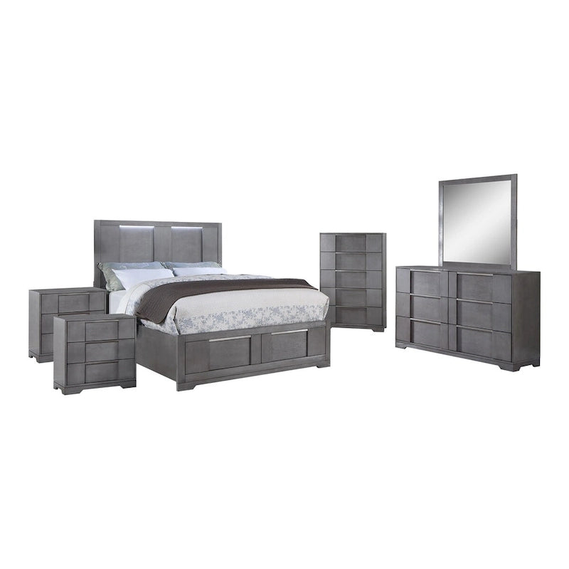 Ensemble de chambre à coucher contemporain 6 pièces Tona de Furniture of America, avec plateforme de rangement en bois gris et éclairage LED