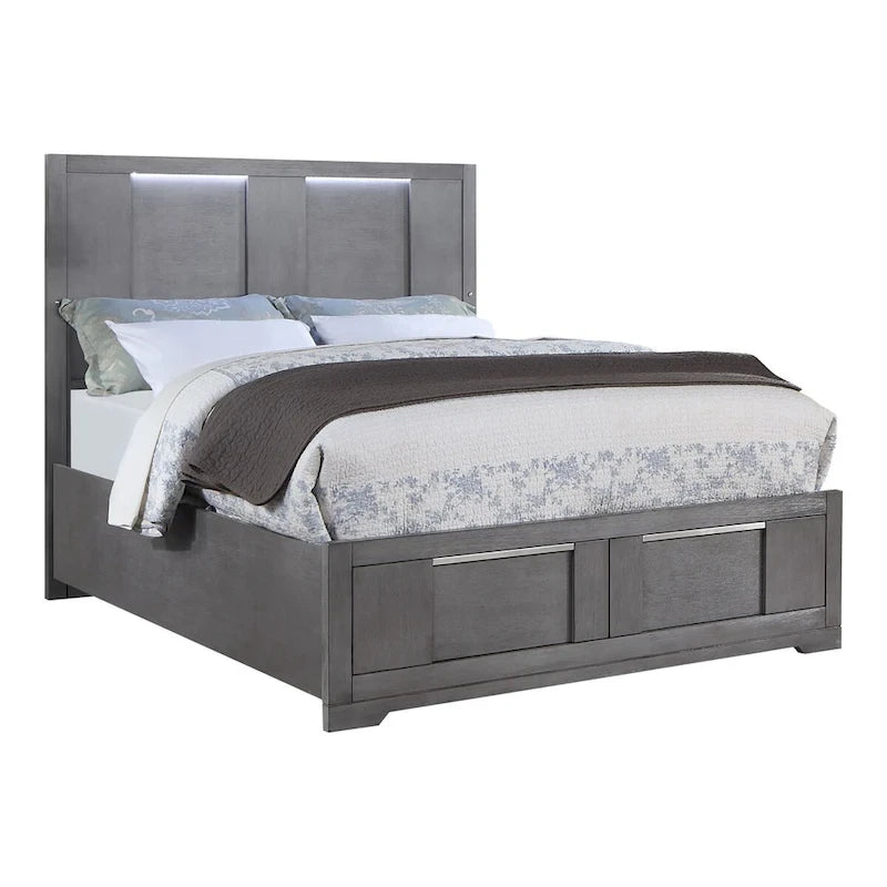 Ensemble de chambre à coucher contemporain 6 pièces Tona de Furniture of America, avec plateforme de rangement en bois gris et éclairage LED