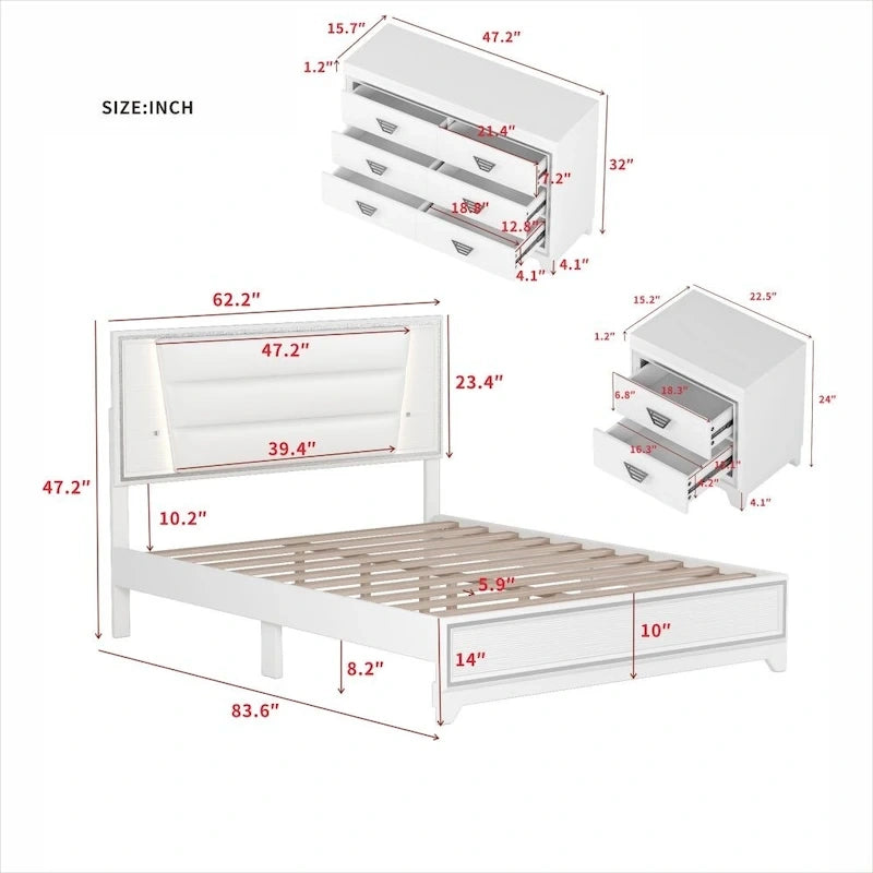 Ensemble de chambre à coucher 3 pièces, lit rembourré Queen Size