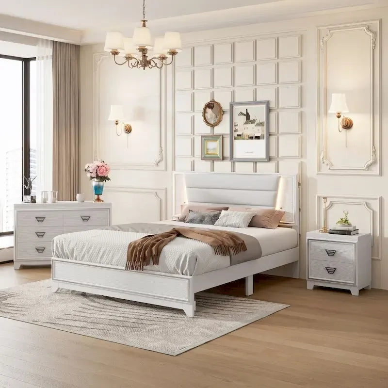Ensemble de chambre à coucher 3 pièces, lit rembourré Queen Size
