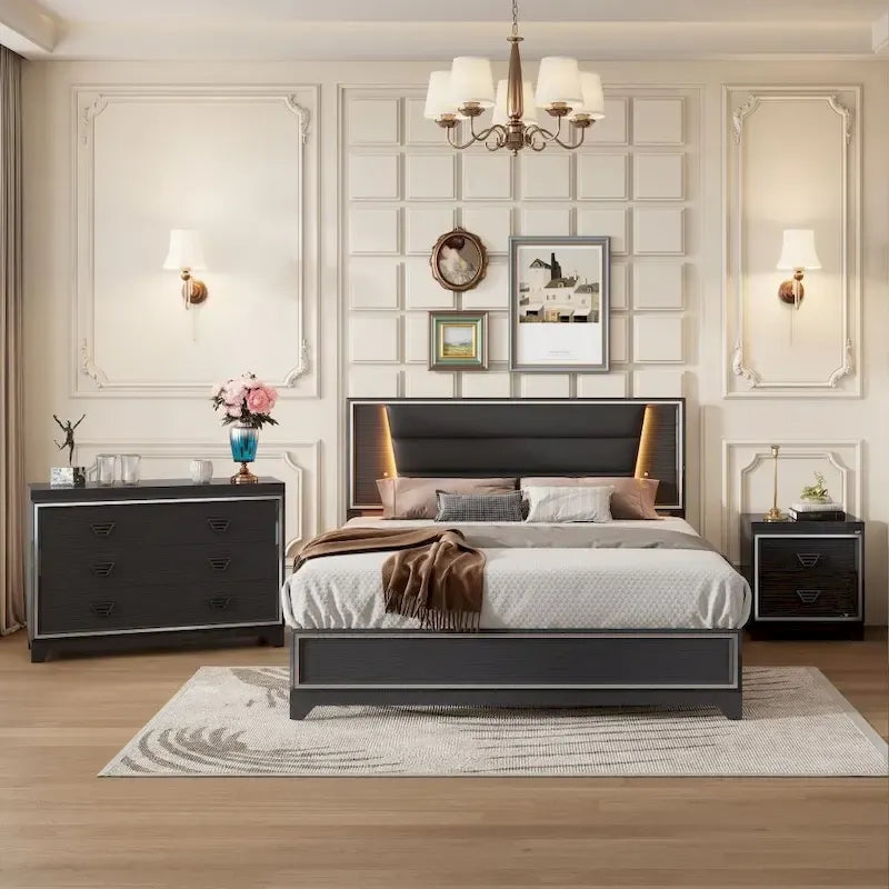 Ensemble de chambre à coucher 3 pièces, lit rembourré Queen Size