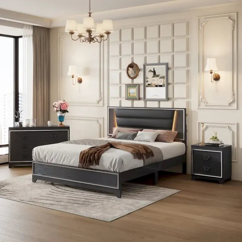 Ensemble de chambre à coucher 3 pièces, lit rembourré Queen Size