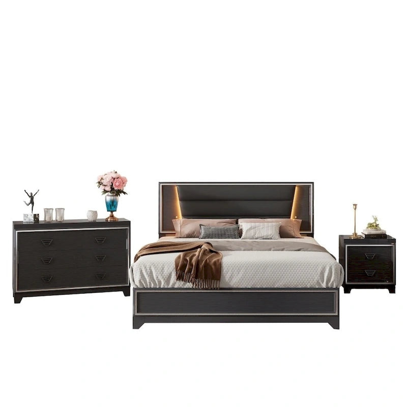Ensemble de chambre à coucher 3 pièces, lit rembourré Queen Size