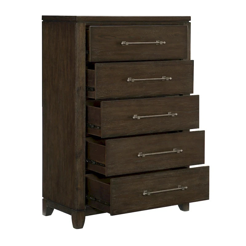 Ensemble de chambre à coucher 3 pièces moderne et contemporain marron foncé : lit, table de chevet et commode