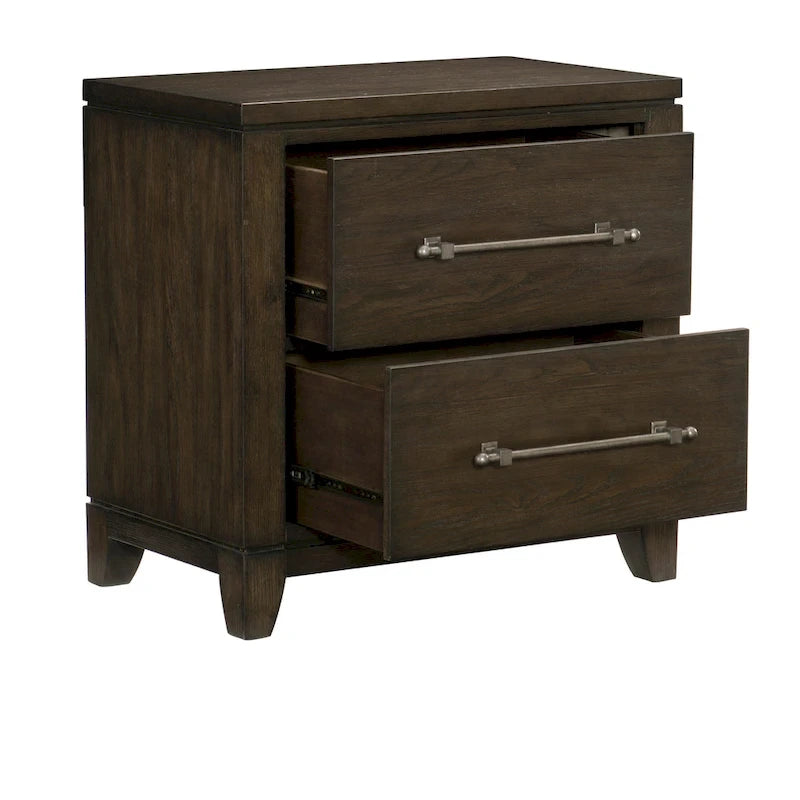 Ensemble de chambre à coucher 3 pièces moderne et contemporain marron foncé : lit, table de chevet et commode