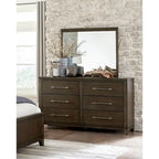 Ensemble de chambre à coucher moderne et contemporain marron foncé 5 pièces comprenant lit, tables de chevet, commode et miroir