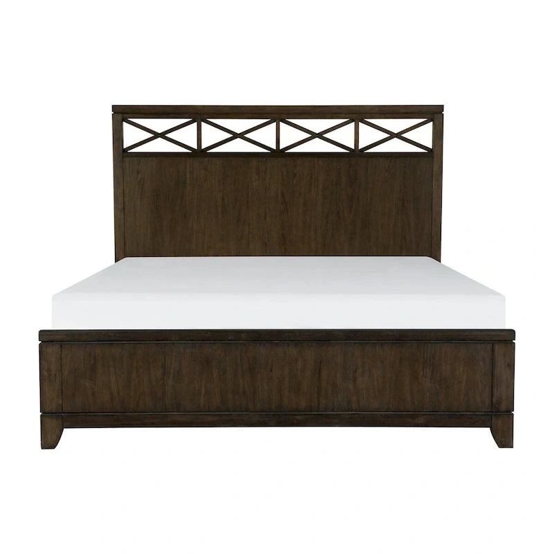 Ensemble de chambre à coucher moderne et contemporain marron foncé 5 pièces comprenant lit, tables de chevet, commode et miroir