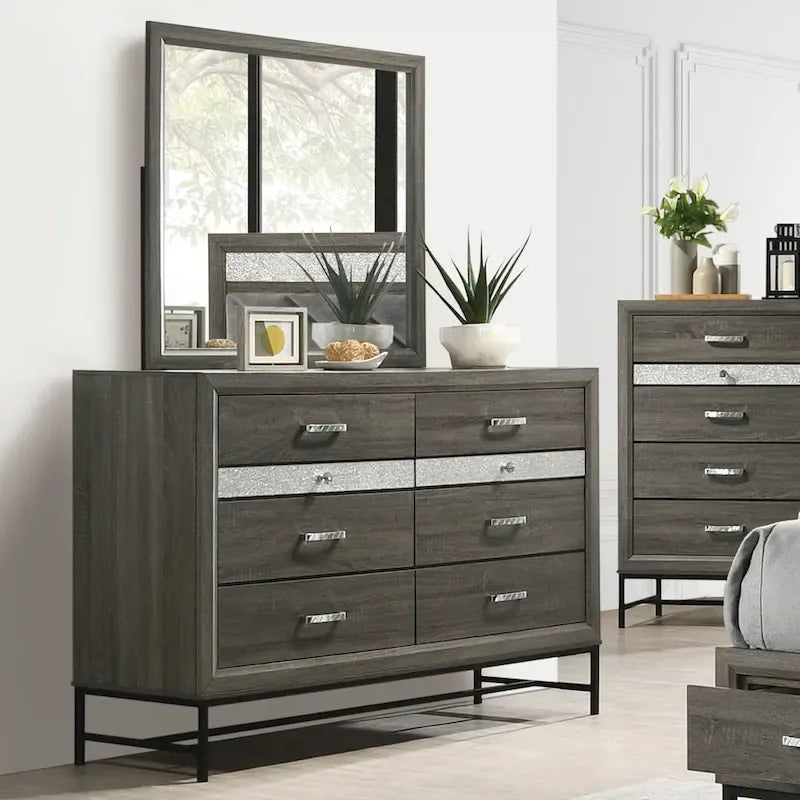 Ensemble de chambre à coucher Heinisk gris contemporain 6 pièces avec plateforme de Furniture of America
