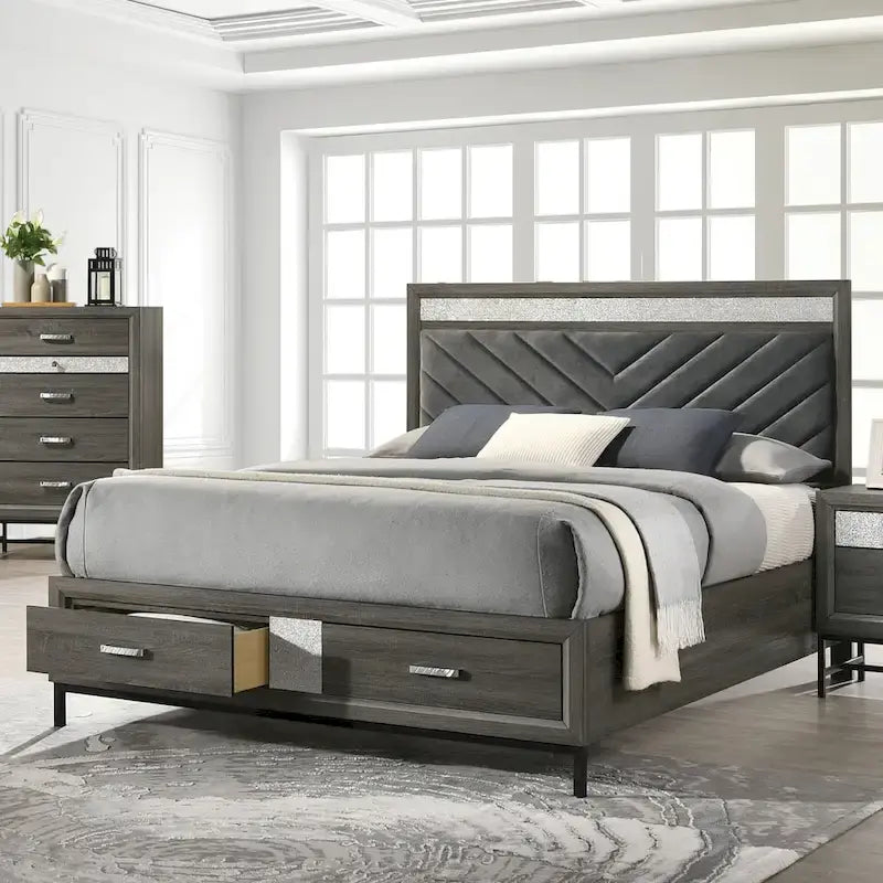 Ensemble de chambre à coucher plateforme 5 pièces Heinisk gris contemporain de Furniture of America