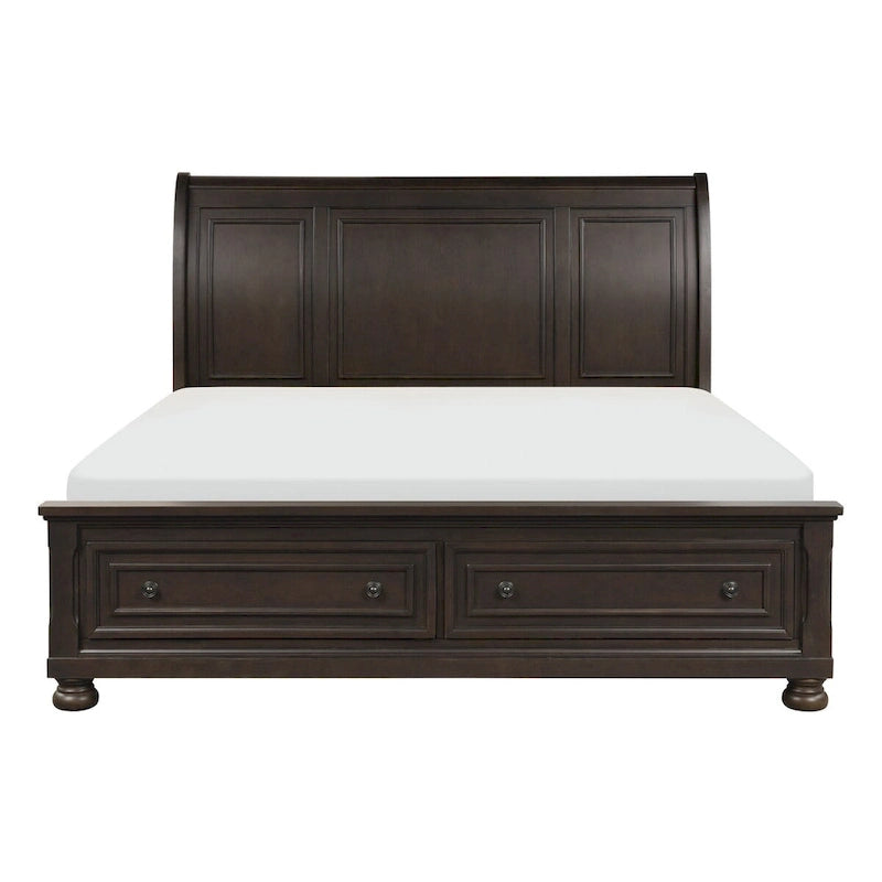 Ensemble de chambre à coucher 3 pièces gris-brun : lit plateforme avec rangement et deux tables de chevet