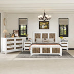 Ensemble de chambre à coucher 4 pièces, lit plateforme de style campagnard Queen avec décoration en lattes de bois, table de chevet de rangement et commode