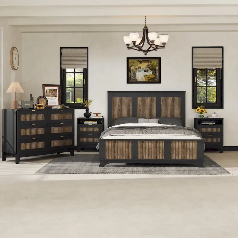 Set camera da letto di 4 pezzi, letto a piattaforma matrimoniale in stile rustico con decorazione a strisce di legno, comodino e cassettiera contenitori
