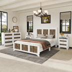 Ensemble de chambre à coucher 4 pièces, lit plateforme de style campagnard Queen avec décoration en lattes de bois, table de chevet de rangement et commode