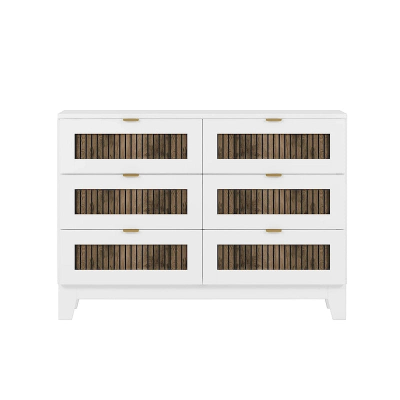 Ensemble de chambre à coucher 4 pièces, lit plateforme de style campagnard Queen avec décoration en lattes de bois, table de chevet de rangement et commode