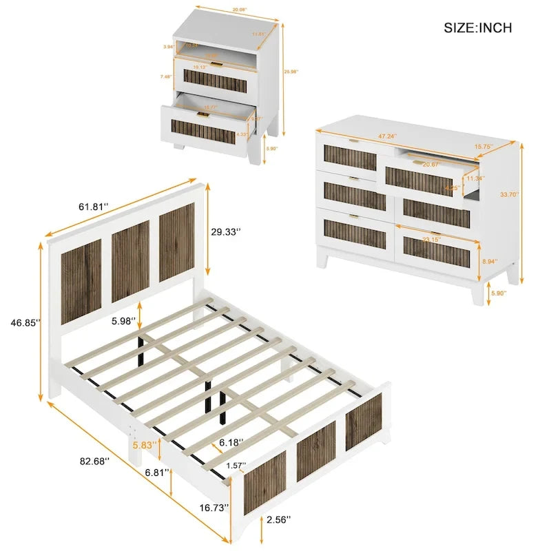Ensemble de chambre à coucher 4 pièces, lit plateforme de style campagnard Queen avec décoration en lattes de bois, table de chevet de rangement et commode