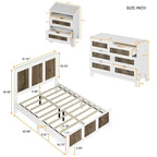 Ensemble de chambre à coucher 4 pièces, lit plateforme de style campagnard Queen avec décoration en lattes de bois, table de chevet de rangement et commode