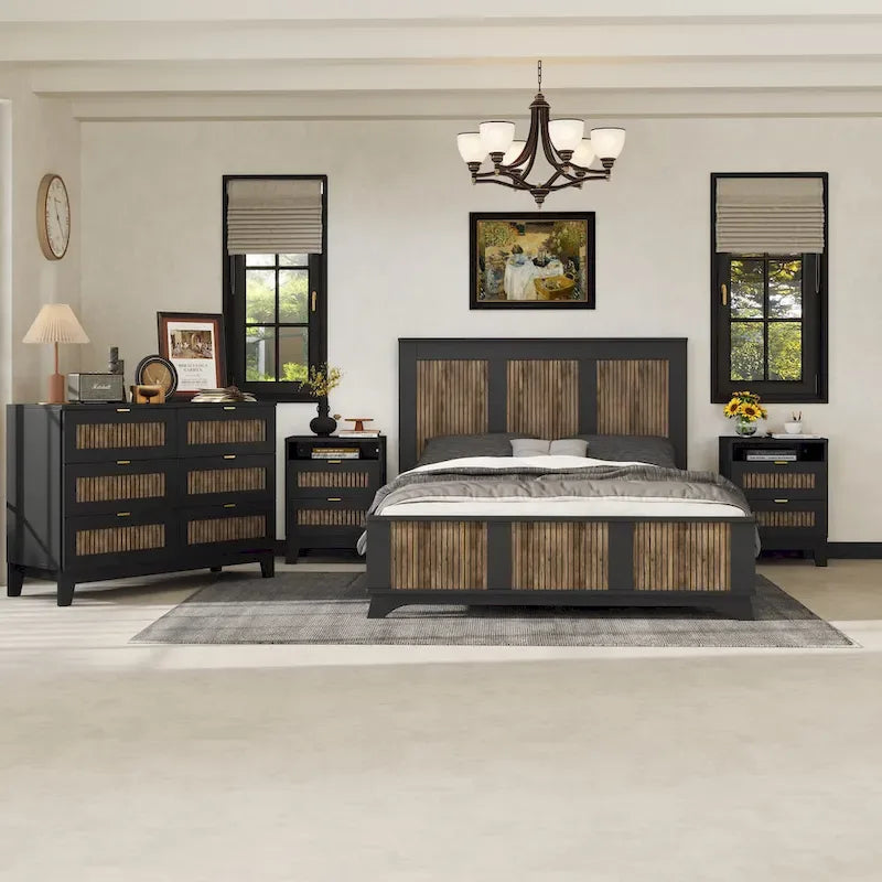 Ensemble de chambre à coucher 4 pièces, lit plateforme de style campagnard Queen avec décoration en lattes de bois, table de chevet de rangement et commode