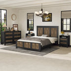 Ensemble de chambre à coucher 4 pièces, lit plateforme de style campagnard Queen avec décoration en lattes de bois, table de chevet de rangement et commode