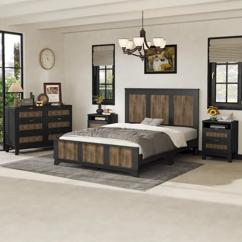 Ensemble de chambre à coucher 4 pièces, lit plateforme de style campagnard Queen avec décoration en lattes de bois, table de chevet de rangement et commode