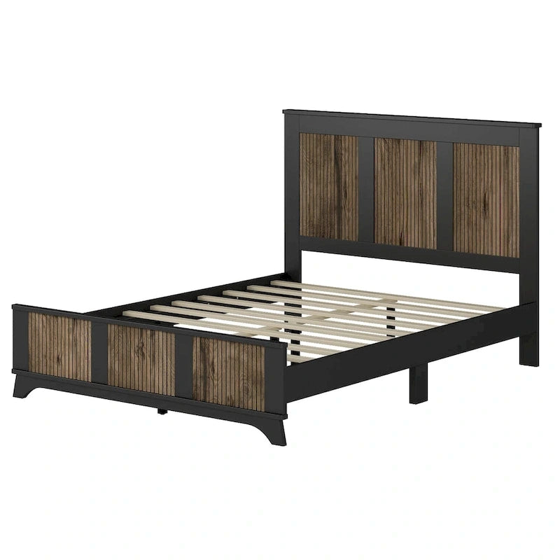 Ensemble de chambre à coucher 4 pièces, lit plateforme de style campagnard Queen avec décoration en lattes de bois, table de chevet de rangement et commode