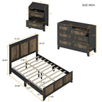 Ensemble de chambre à coucher 4 pièces, lit plateforme de style campagnard Queen avec décoration en lattes de bois, table de chevet de rangement et commode