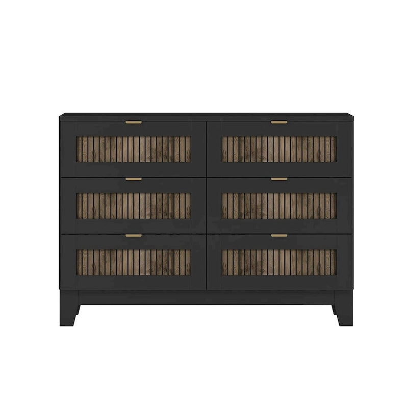 Ensemble de chambre à coucher 4 pièces, lit plateforme de style campagnard Queen avec décoration en lattes de bois, table de chevet de rangement et commode
