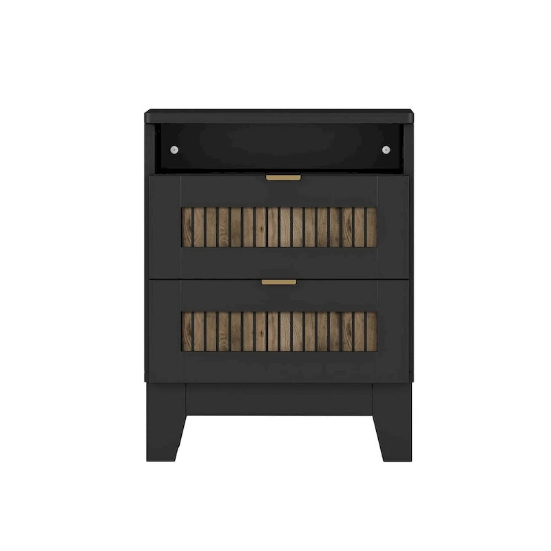 Ensemble de chambre à coucher 4 pièces, lit plateforme de style campagnard Queen avec décoration en lattes de bois, table de chevet de rangement et commode