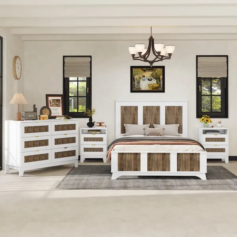 Set camera da letto 4 pezzi, letto a piattaforma matrimoniale in stile rustico con decorazione a strisce di legno, comodino e cassettiera con contenitore