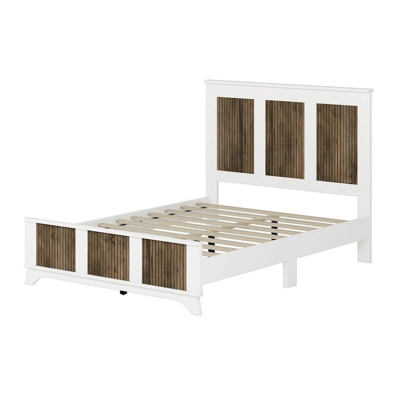 Ensemble de chambre à coucher 4 pièces, lit plateforme de style campagnard pleine grandeur avec décoration en lattes de bois, table de chevet de rangement et commode