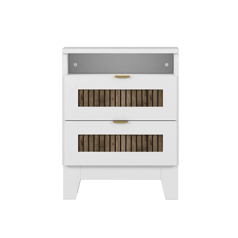 Ensemble de chambre à coucher 4 pièces, lit plateforme de style campagnard pleine grandeur avec décoration en lattes de bois, table de chevet de rangement et commode