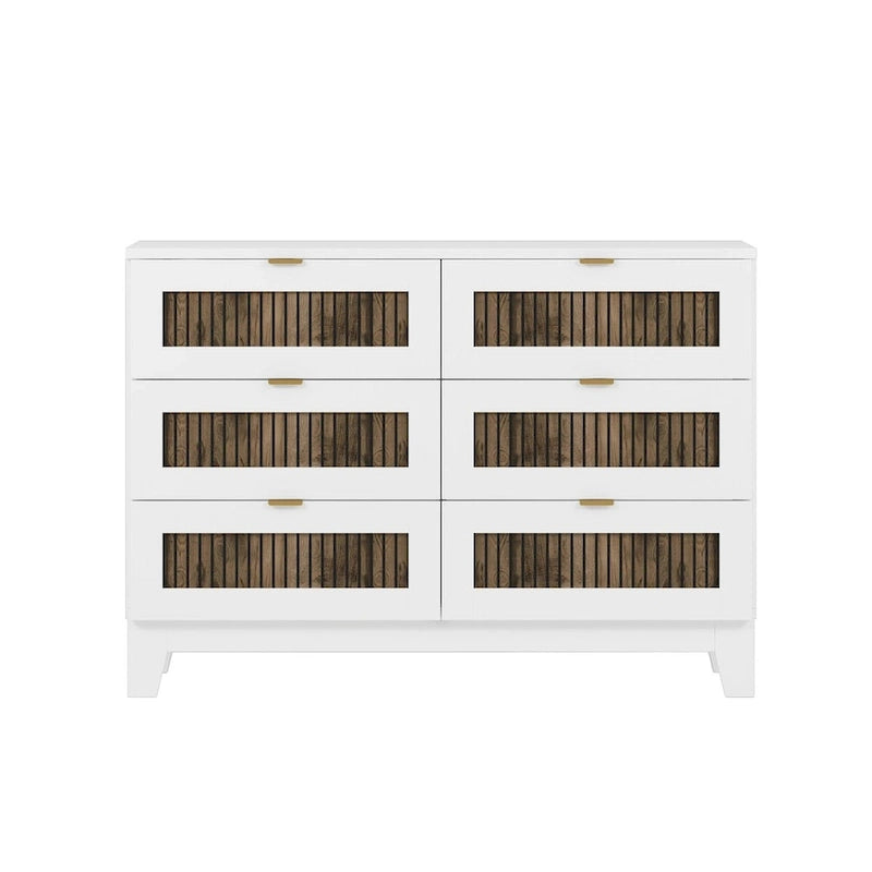 Ensemble de chambre à coucher 4 pièces, lit plateforme de style campagnard pleine grandeur avec décoration en lattes de bois, table de chevet de rangement et commode