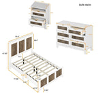 Ensemble de chambre à coucher 4 pièces, lit plateforme de style campagnard pleine grandeur avec décoration en lattes de bois, table de chevet de rangement et commode