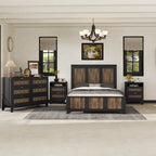 Ensemble de chambre à coucher 4 pièces, lit plateforme de style campagnard pleine grandeur avec décoration en lattes de bois, table de chevet de rangement et commode